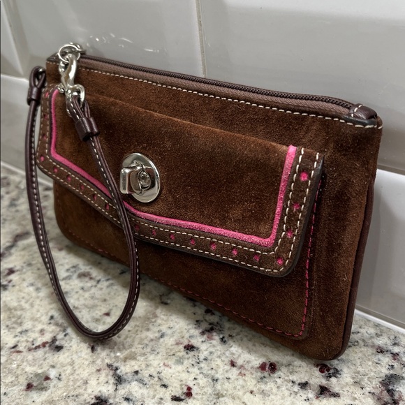 Coach Brown Suede Wristlet with Turn Lock EUC